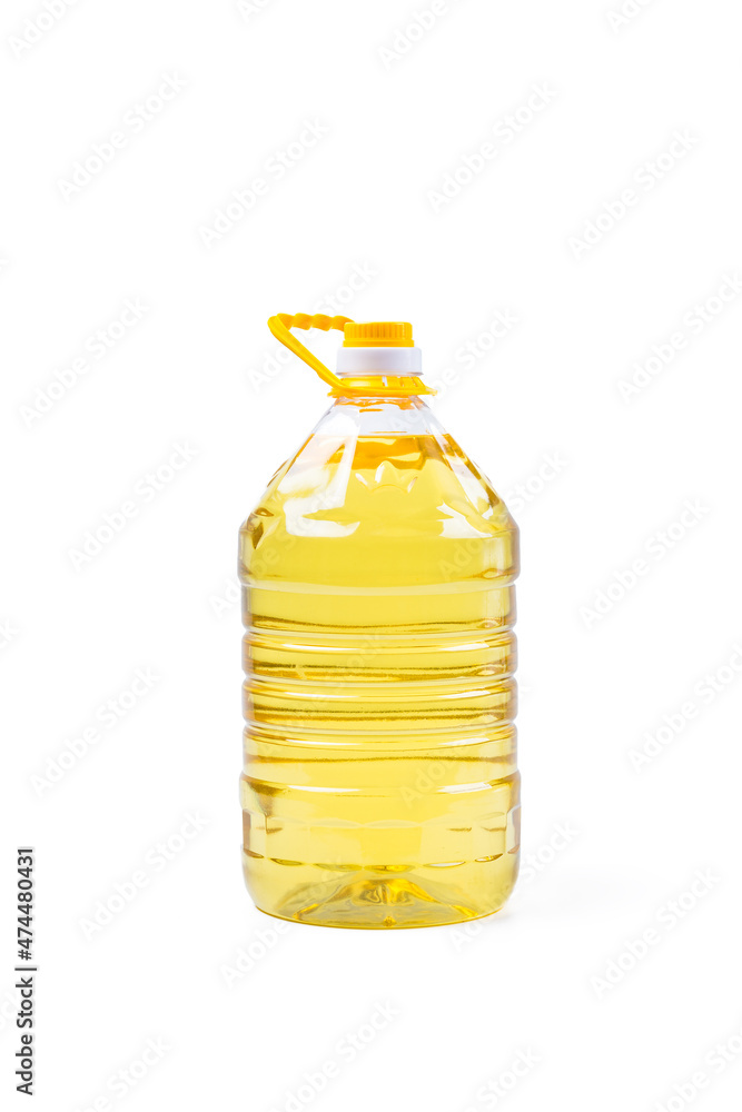 Plastic bottle of cooking oil with handle on white background Plastic bottle of cooking oil with handle on white background