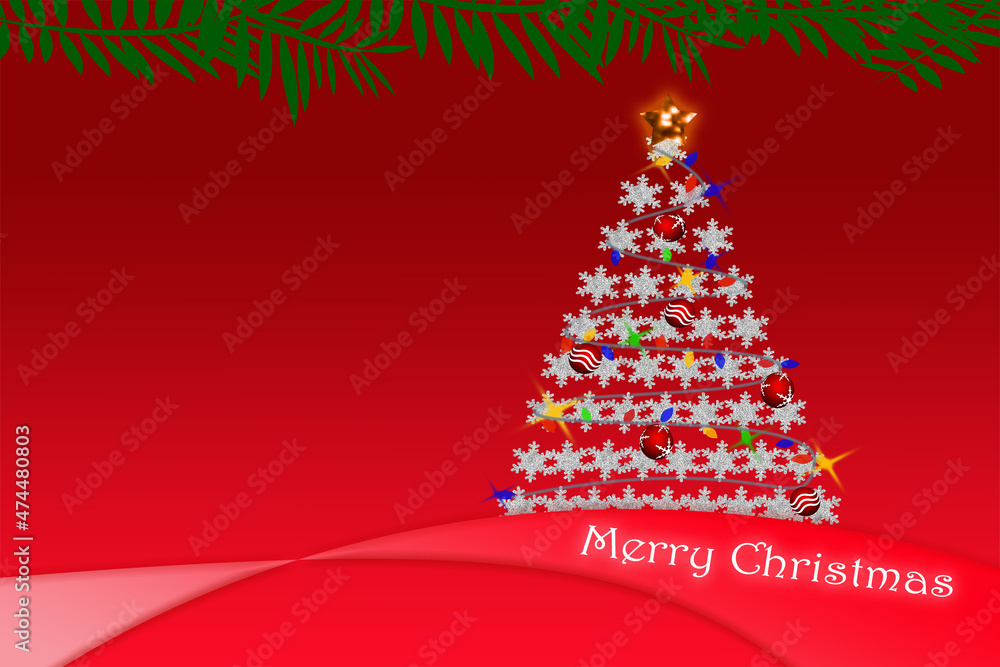 Christmas card decorated tree with string lights and balls Christmas card decorated tree with string lights and balls
