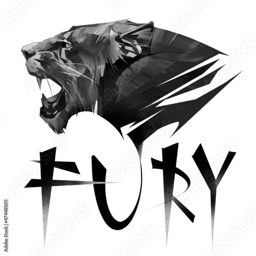 drawn portrait of a lioness with text fury on a white background