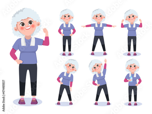 Elderly people grandmother exercise workout character.