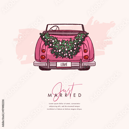 Hand drawn wedding car. Colorful wedding background for invitations, greeting cards, flyers and covers. Vector illustration