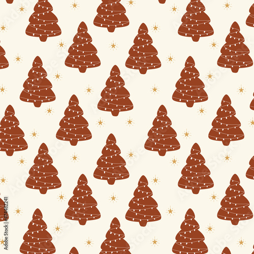 Christmas tree cookies seamless repeating pattern background. Trendy for fabric, texitle print, wallpaper, background, wrapping or invitation cards, packaging.
