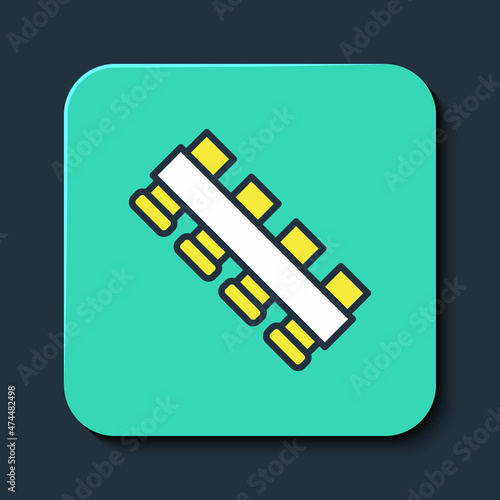 Filled outline Hunting cartridge belt with cartridges icon isolated on blue background. Bandolier sign. Hunter equipment, armament. Turquoise square button. Vector