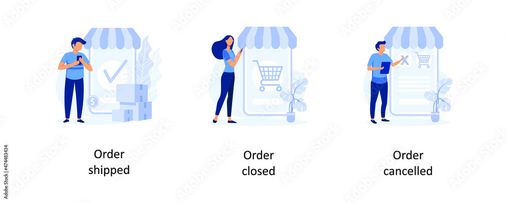 Order shipped, Order closed, Order cancelled set flat modern design illustration
