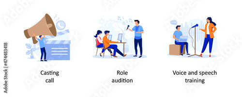 Casting call, Role audition, Voice and speech training. Modelling agency abstract concept vector illustrations set.
