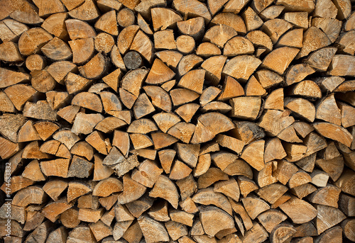 Background of dry chopped firewood logs in a pile. Wall of firewood. Alternative fuel concept.