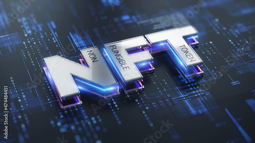 NFT nonfungible tokens concept - NFT word on abstract technology surface. 3d rendering photo