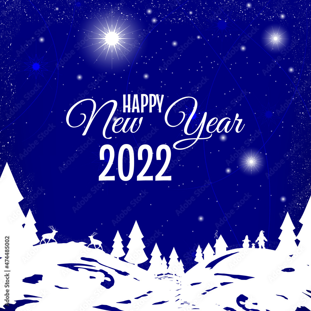Vector New Year card with winter forest Santa Claus, Snowman and reindeer on an abstract blue background with shimmering snowflakes and fluffy snow. Vector New Year card with winter forest Santa Claus, Snowman and reindeer on an abstract blue background with shimmering snowflakes and fluffy snow.