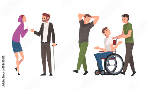 Disabled People Character Spending Good Time with Their Friends Vector Set