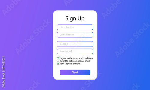 User registration form for the website. The user interface template. Vector illustration.