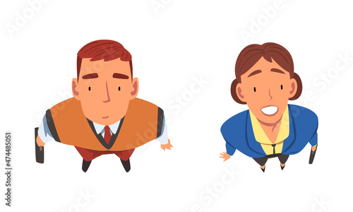 Smiling Business Man and Woman Character Looking Up Above View Vector Set