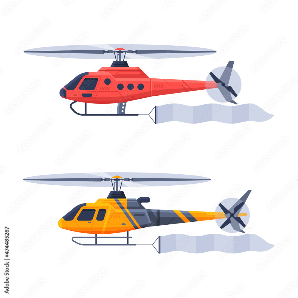 Flying Aircraft with Fluttering Blank Banner for Advertising in the Sky Vector Set