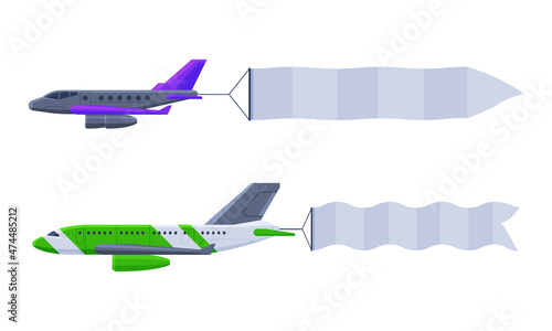 Flying Aircraft with Fluttering Blank Banner for Advertising in the Sky Vector Set