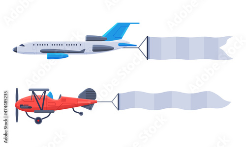 Flying Aircraft with Fluttering Blank Banner for Advertising in the Sky Vector Set