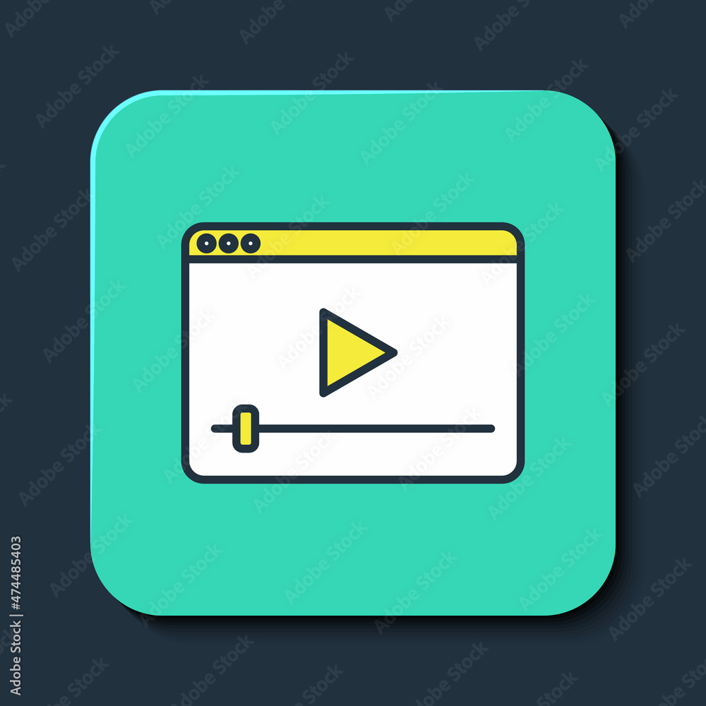 Filled outline Online play video icon isolated on blue background. Film strip with play sign. Turquoise square button. Vector Filled outline Online play video icon isolated on blue background. Film strip with play sign. Turquoise square button. Vector