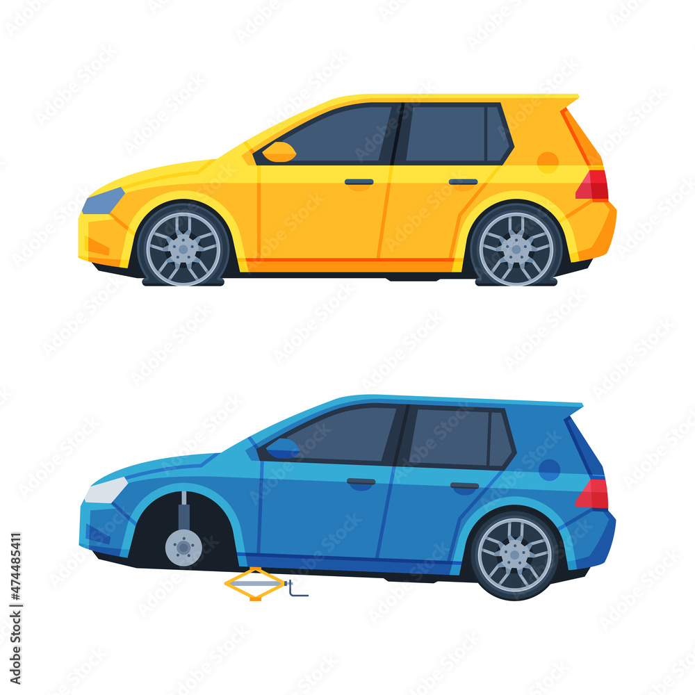 Traffic or Car Accident with Collapsed Tire on the Road Vector Set