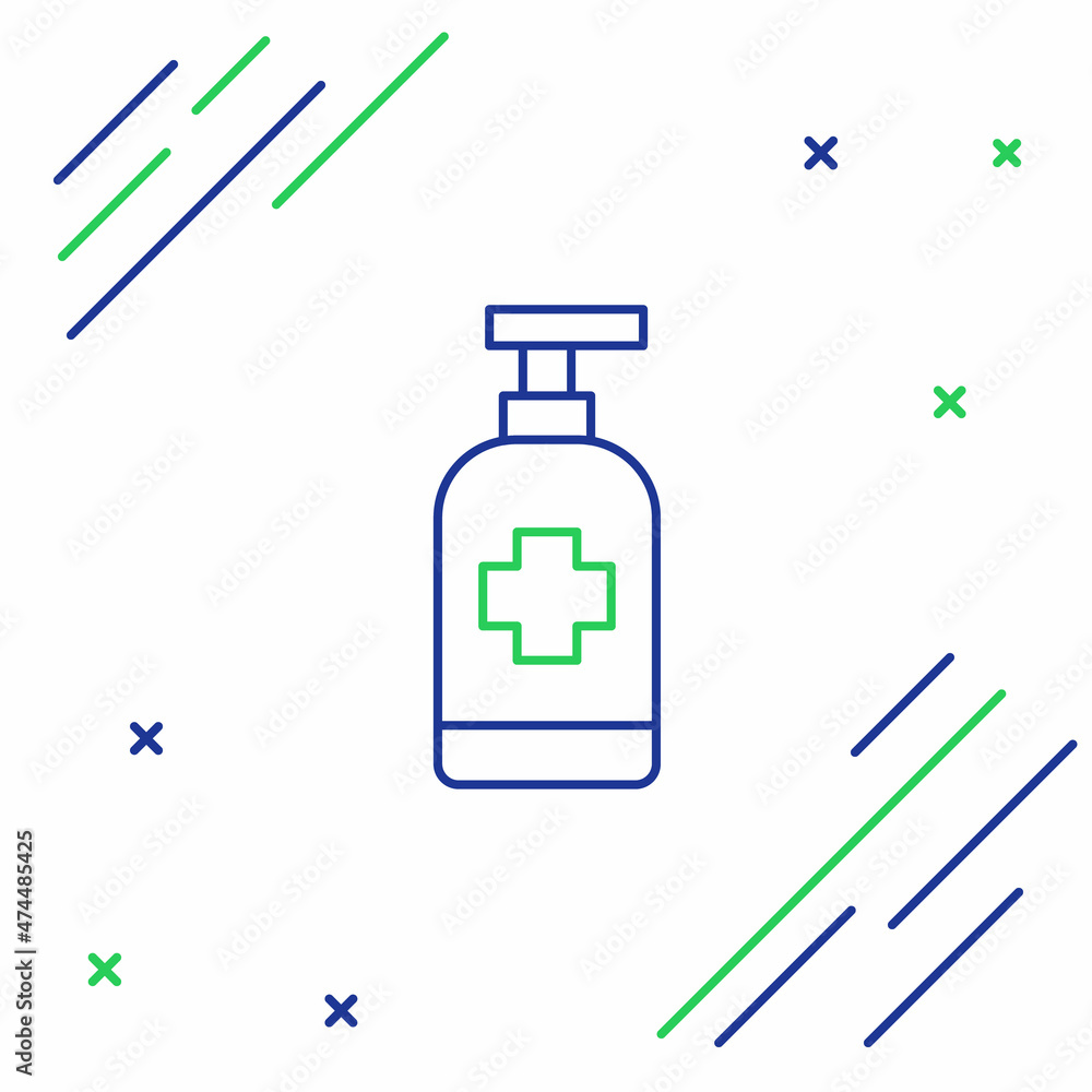 Line Bottle of liquid antibacterial soap with dispenser icon isolated on white background. Antiseptic. Disinfection, hygiene, skin care. Colorful outline concept. Vector Line Bottle of liquid antibacterial soap with dispenser icon isolated on white background. Antiseptic. Disinfection, hygiene, skin care. Colorful outline concept. Vector