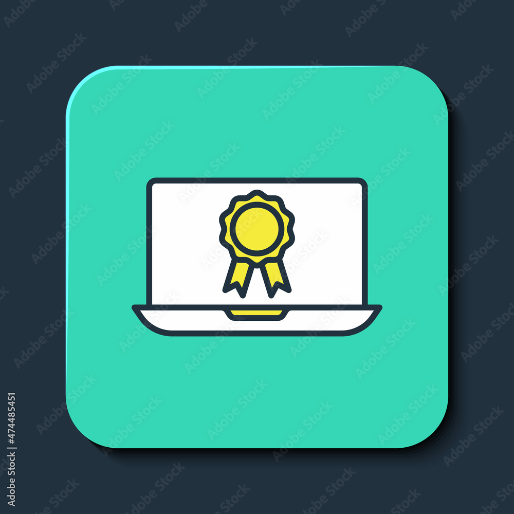 Filled outline Online education with diploma icon isolated on blue background. Diploma online at home. Webinar and video seminar learning. Turquoise square button. Vector Filled outline Online education with diploma icon isolated on blue background. Diploma online at home. Webinar and video seminar learning. Turquoise square button. Vector