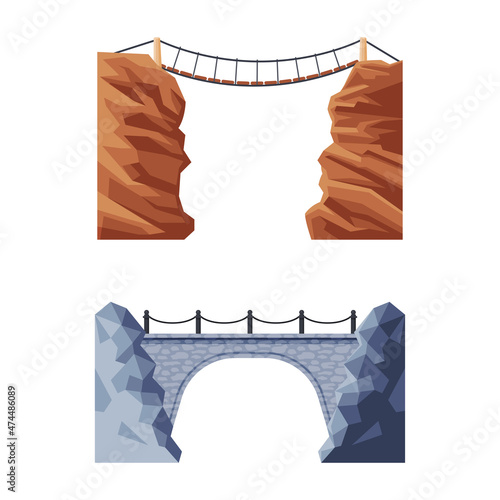Bridge Structure Carrying Road Across Rocky Downfall Vector Set