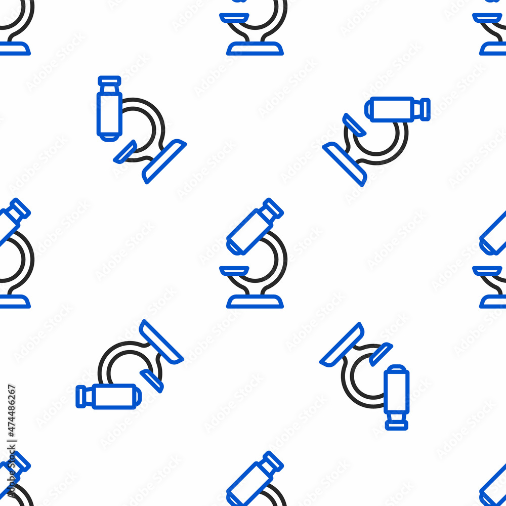 Line Microscope icon isolated seamless pattern on white background. Chemistry, pharmaceutical instrument, microbiology magnifying tool. Colorful outline concept. Vector Line Microscope icon isolated seamless pattern on white background. Chemistry, pharmaceutical instrument, microbiology magnifying tool. Colorful outline concept. Vector