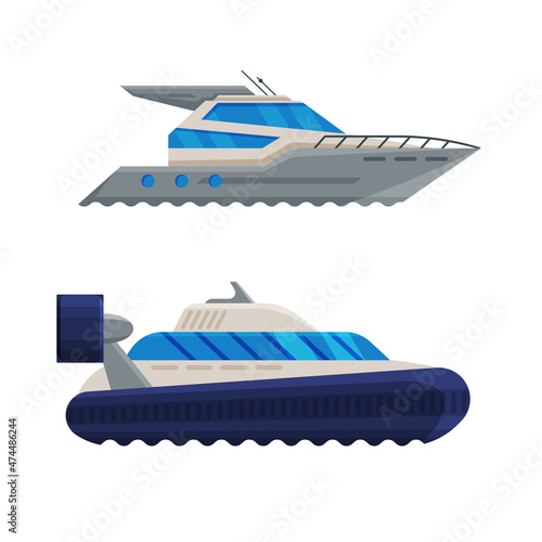 Motor Yacht with Engine as Watercraft or Swimming Water Vessel Vector Set © topvectors