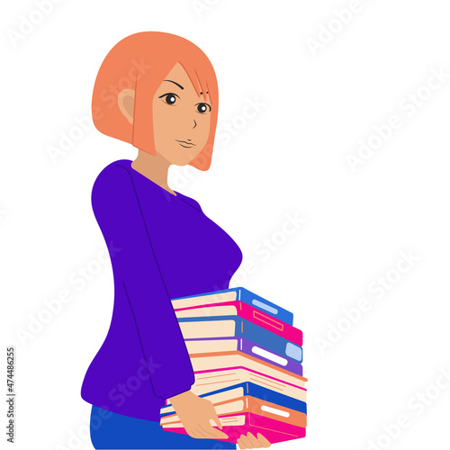 The girl carries books. An office worker, a librarian, a lover of reading. White background, vector, flat.