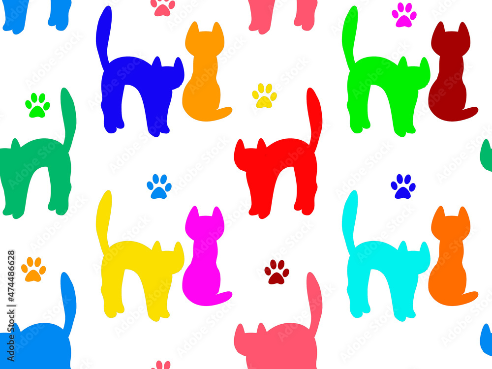 Bright seamless pattern with multicolored silhouettes of cats on a white background.