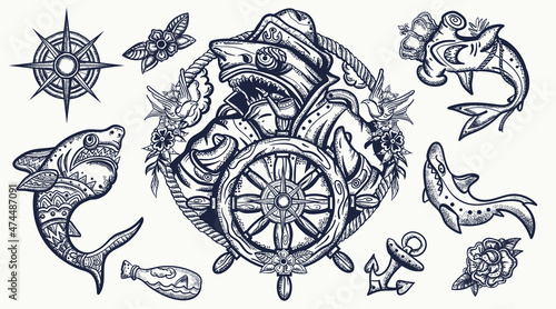 Sharks. Old school tattoo collection. Sea wolf, captain in the sea, sailor at helm. Tattooing art. Underwater life set. Strong hammerhead shark  fish