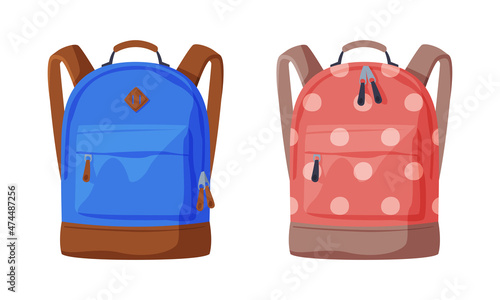Fashionable Backpack or Rucksack with Two Straps Carried Over Shoulder Vector Set