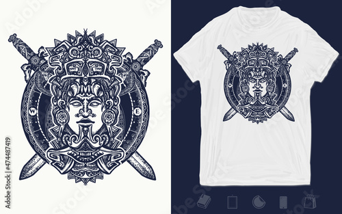 Aztec totem, Mexican god warrior and crossed swords tattoo. Ancient mayan civilization. Vector graphics template. Hand drawn illustration