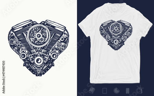 Motor. Bikers tattoo. Technically mechanical heart. Steampunk heart engine art, t-shirt design. Vector graphics template. Hand drawn illustration