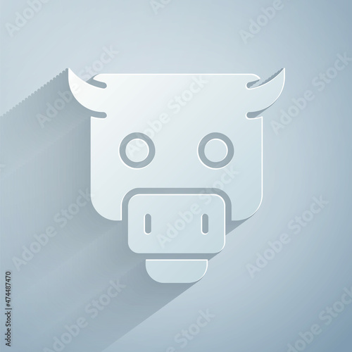 Paper cut Bull market icon isolated on grey background. Financial and stock investment market concept. Paper art style. Vector