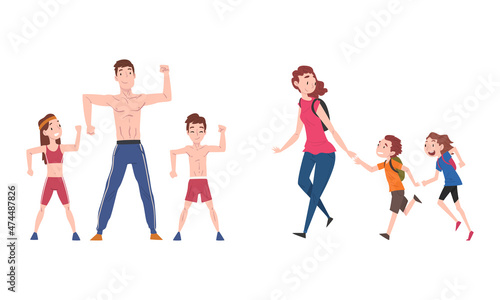 Parents and Their Kids Having Good Time Together Hiking with Backpack and Doing Physical Exercise Vector Set