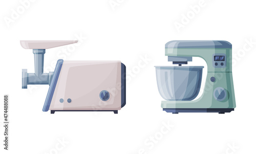 Meat Grinder and Stand Mixer as Home or Household Electric Appliance Vector Set