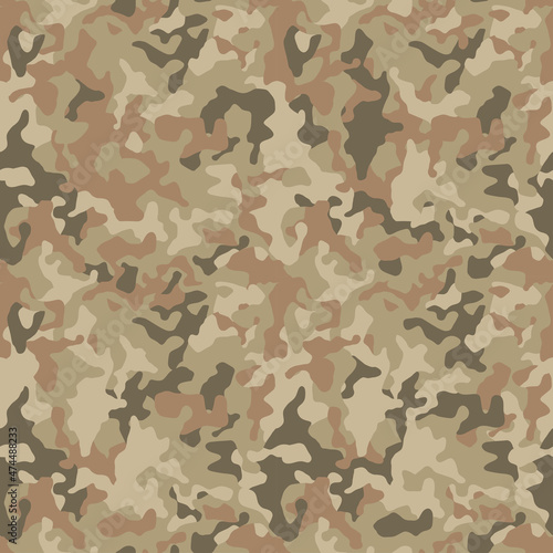 Military background of soldiers sand brown camo. Camouflaging seamless pattern. Modern camo texture for army clothing. Textile print. Vector 