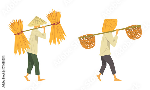 Asian Farmer in Conical Hat Carrying Basket and Straw Bundle Vector Set