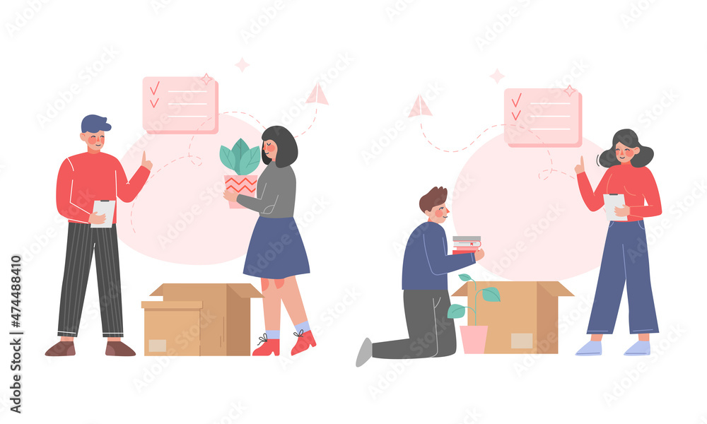 Happy Family Packing Cardboard Box for Relocating or Moving to New Apartment Vector Set Happy Family Packing Cardboard Box for Relocating or Moving to New Apartment Vector Set
