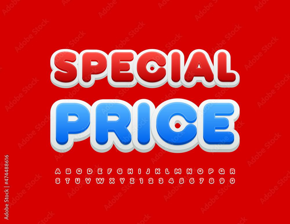 Vector promo tag Special Price. Bright modern Font. Red and White Alphabet Letters and Numbers set