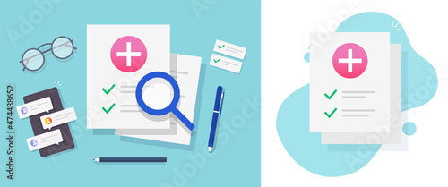 Research of medical health check up results report on work desk table flat lay vector or medicine healthcare insurance paper list cartoon illustration, analyzing patient diagnose history card