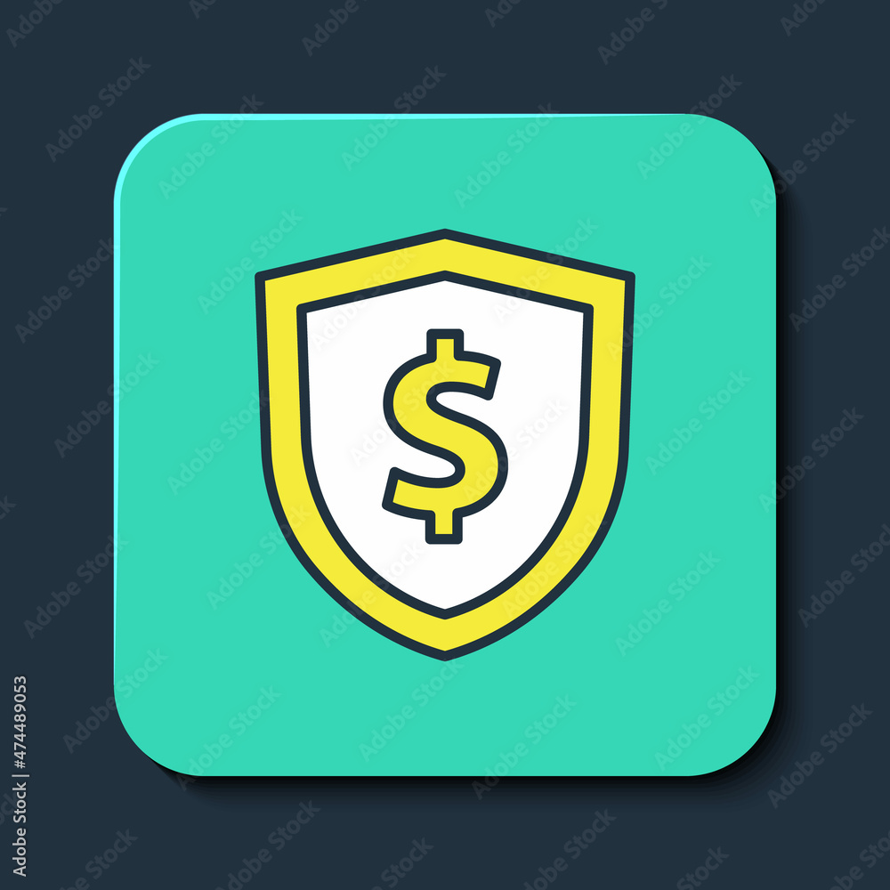 Filled outline Shield with dollar symbol icon isolated on blue background. Security shield protection. Money security concept. Turquoise square button. Vector Filled outline Shield with dollar symbol icon isolated on blue background. Security shield protection. Money security concept. Turquoise square button. Vector