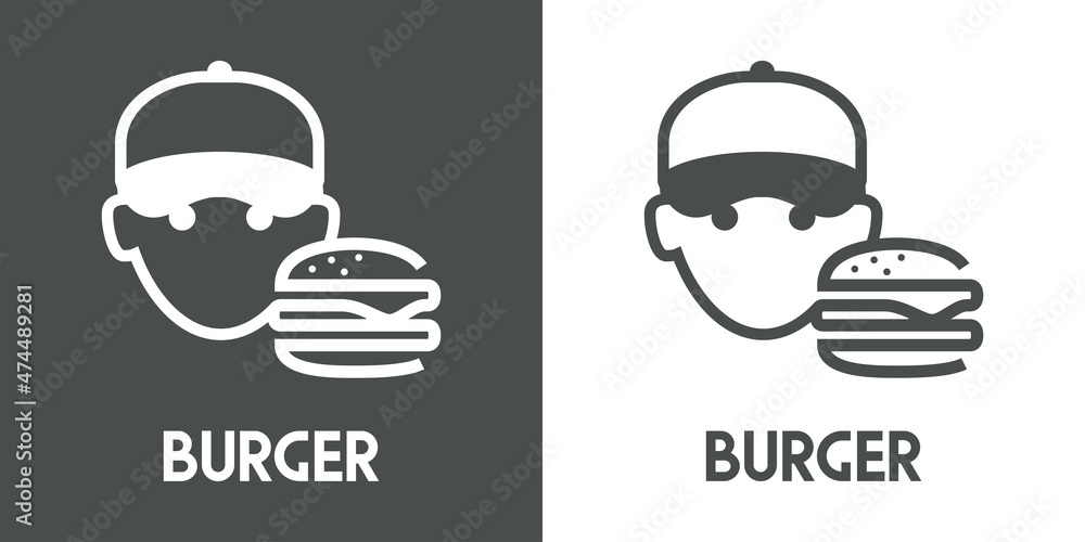 Logotipo empleado. Banner con texto Burger y cara de chico con gorra de béisbol con hamburgesa estampado con líneas en fondo gris y fondo blanco Logotipo empleado. Banner con texto Burger y cara de chico con gorra de béisbol con hamburgesa estampado con líneas en fondo gris y fondo blanco