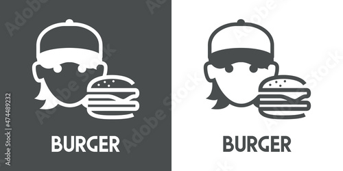 Logotipo empleado. Banner con texto Burger y cara de chica con gorra de béisbol con hamburgesa estampado con líneas en fondo gris y fondo blanco