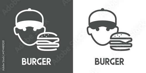 Logotipo empleado. Banner con texto Burger y cara de chico con gorra de béisbol con hamburgesa estampado con líneas en fondo gris y fondo blanco