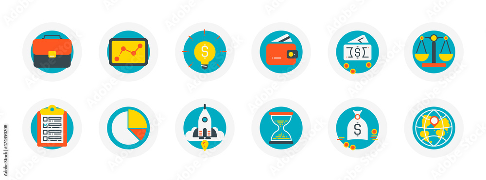 Set of flat vector icons related to business theme. Money, scales, clock