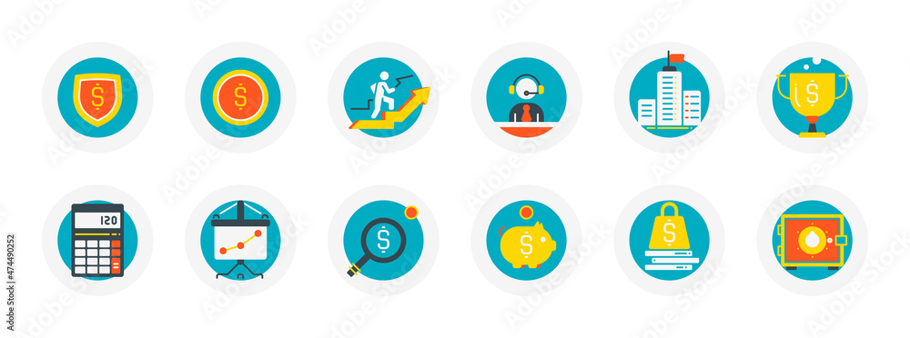 Set of flat vector icons related to business theme. Growth, support, wealth Set of flat vector icons related to business theme. Growth, support, wealth
