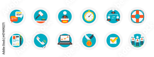 Set of flat vector icons related to business theme. Hierarchy, medal, winner