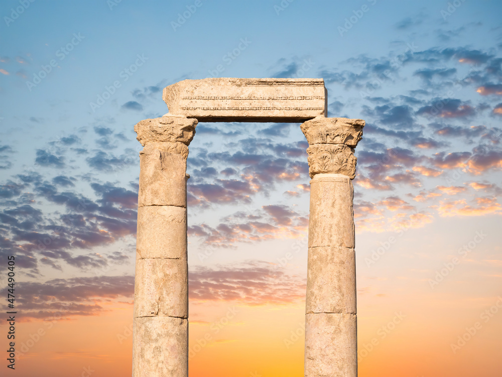 Detail close up View of Temple of Hercules roman temple remains in Amman citadel, Jordan at sunset.