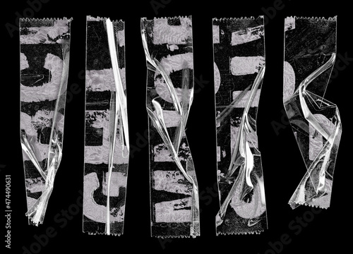 transparent adhesive tape or strips isolated on black background with alphabet letters, crumpled plastic snips, poster design overlays or elements.