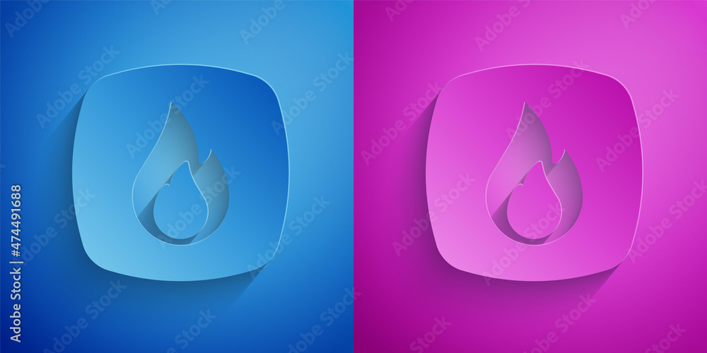 Paper cut Fire flame icon isolated on blue and purple background. Paper art style. Vector Paper cut Fire flame icon isolated on blue and purple background. Paper art style. Vector