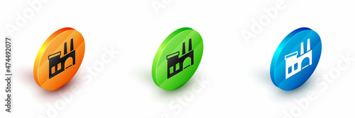 Isometric Factory icon isolated on white background. Industrial building. Circle button. Vector